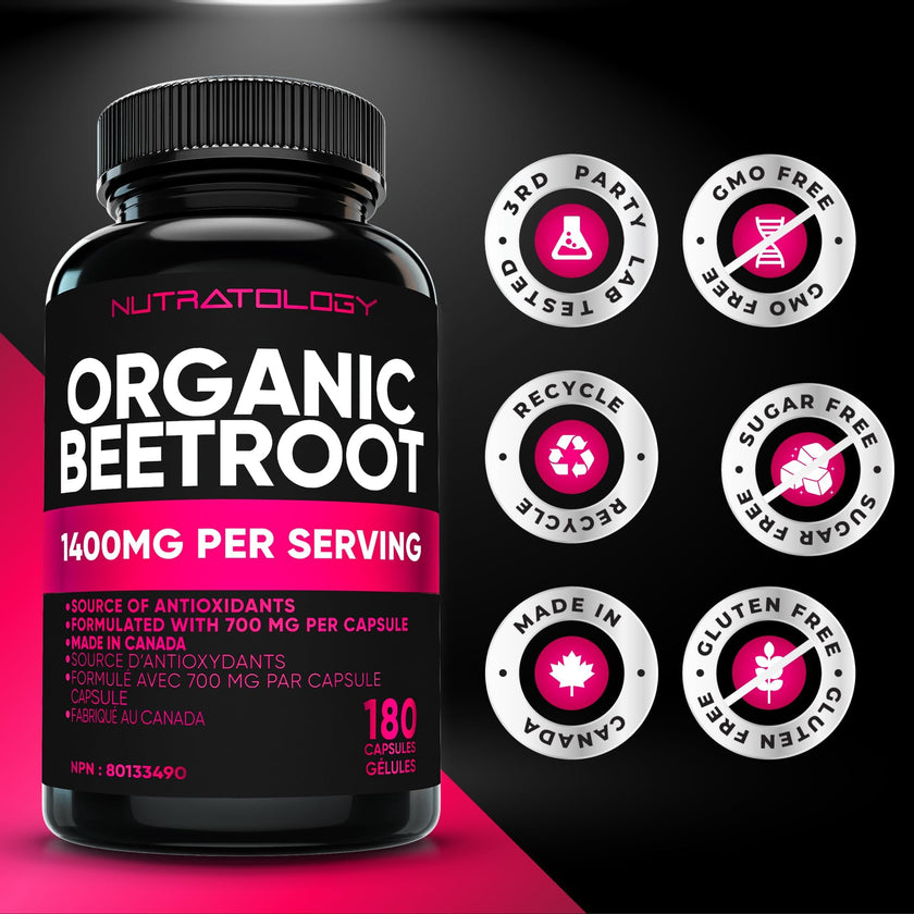 Nutratology® Organic Beetroot Capsules | 1400mg per Daily Serving | 180 Capsules | Canadian Made | Source of Antioxidants | Organic Beet Root Powder 🍁 All In One Marketplace Canada