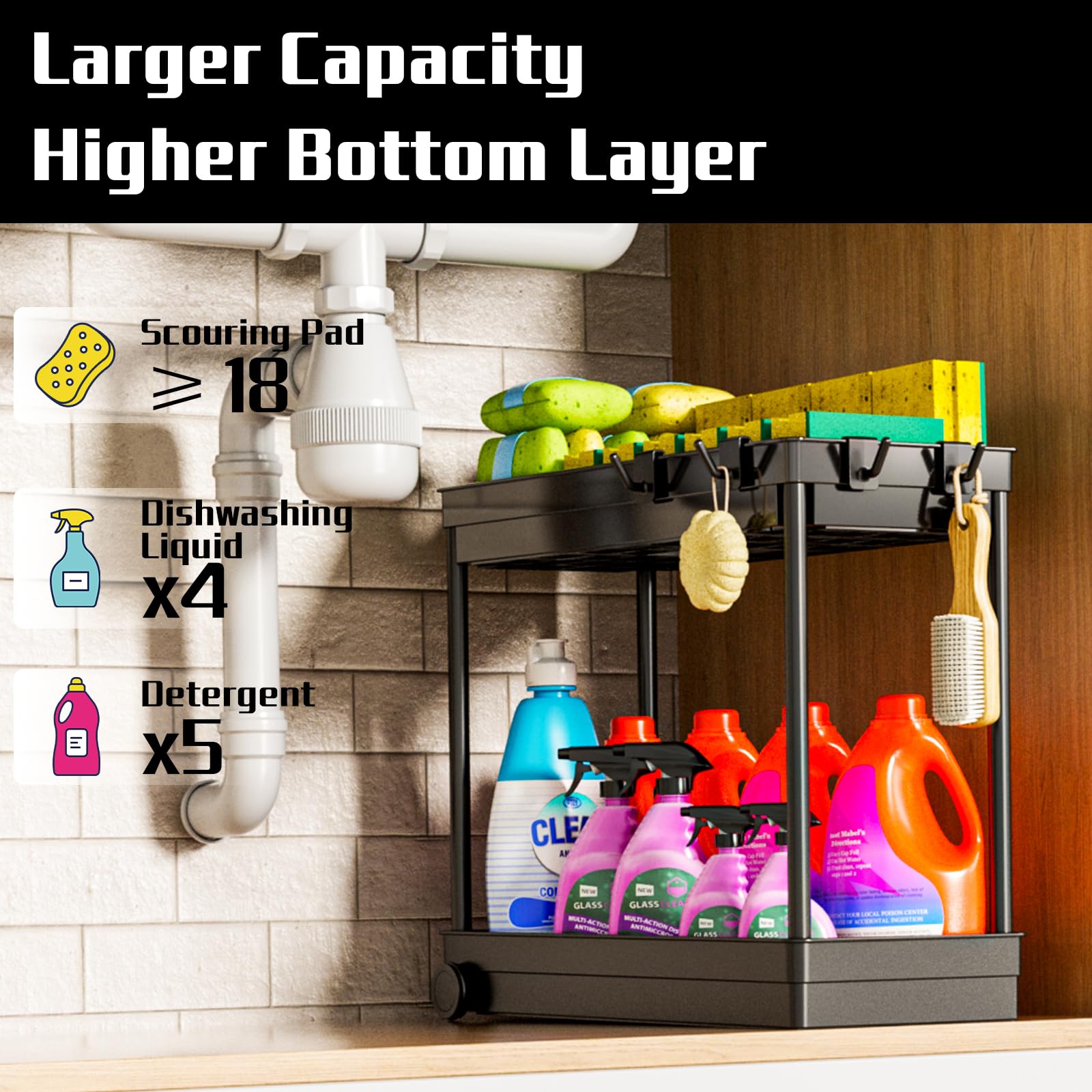 Cicilyna 2 Pack Under Sink Organizer, 2 Tier Bathroom Cabinet Organizers and Storage with Hook, Multi-purpose Storage Basket Shelf for Kitchen, Black 🍁 All In One Marketplace Canada