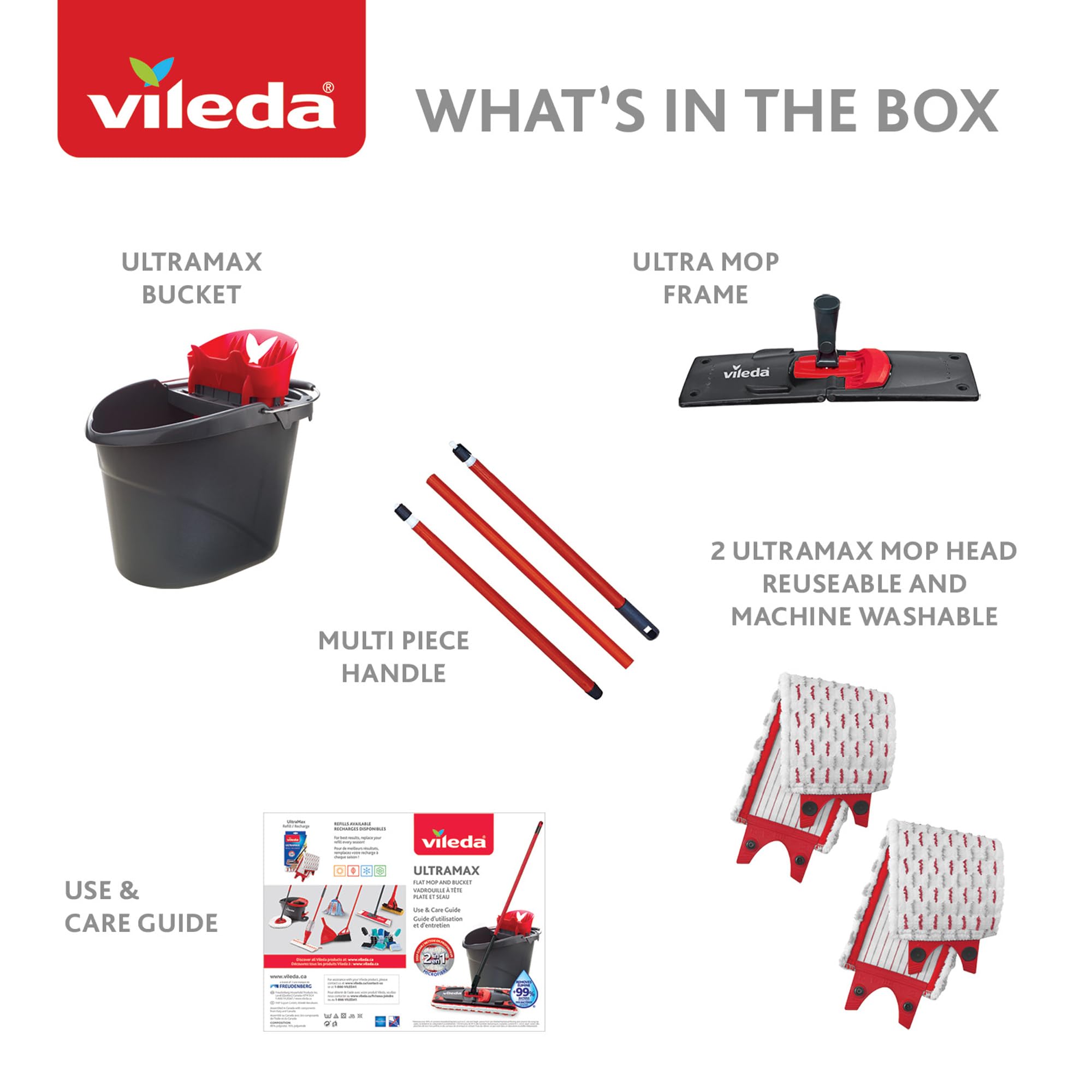 Vileda Ultramax Flat Mop and Bucket Set with 1 Extra Refill | Multi-Piece Handle | Perfect Mop for Walls and Ceilings | Machine-Washable Mop Head 🍁 All In One Marketplace Canada