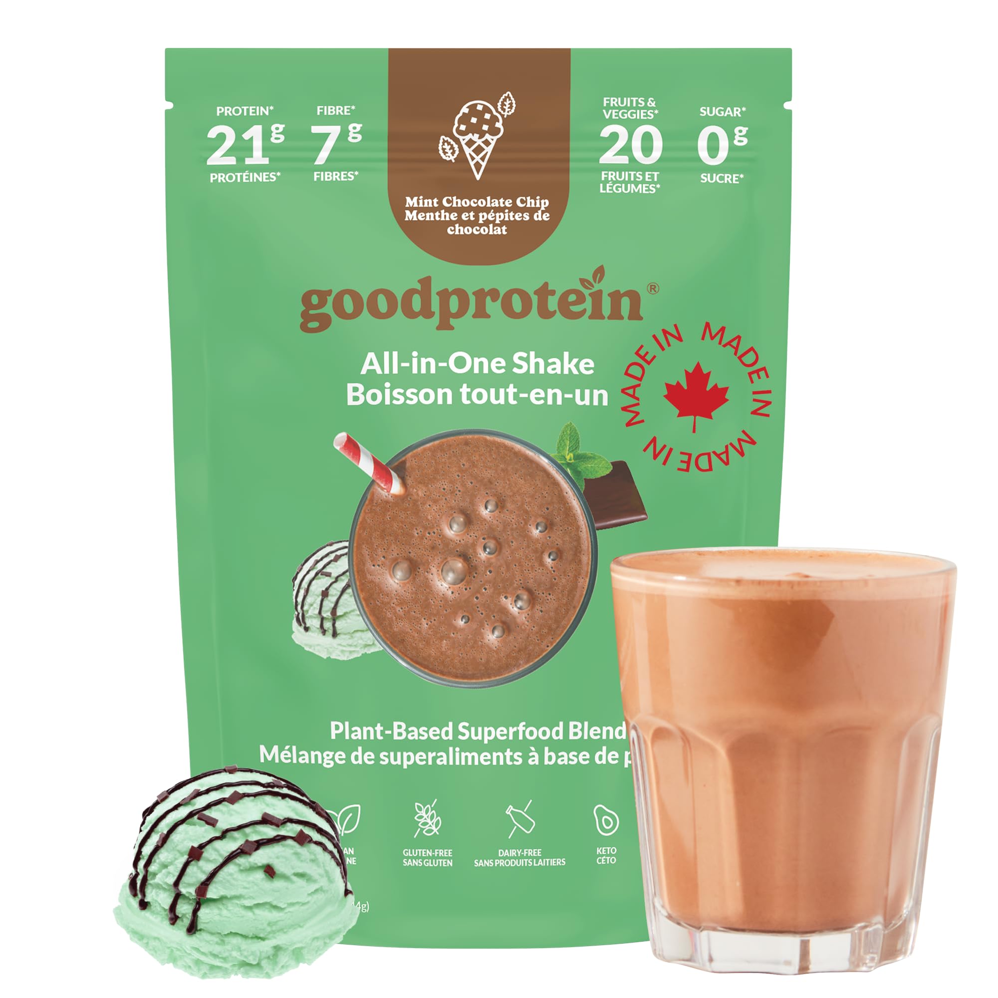 Good Protein Vegan Plant-based Protein Powder 100% Natural, Non-GMO, Dairy-free, Gluten-free, Soy-free, No Added Sugar and Nothing Artificial. Mint Chocolate Chip All-in-One Shake 440 grams 🍁 All In One Marketplace Canada