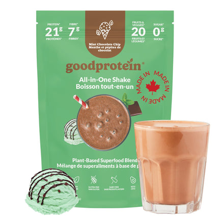 Good Protein Vegan Plant-based Protein Powder 100% Natural, Non-GMO, Dairy-free, Gluten-free, Soy-free, No Added Sugar and Nothing Artificial. Mint Chocolate Chip All-in-One Shake 440 grams 🍁 All In One Marketplace Canada
