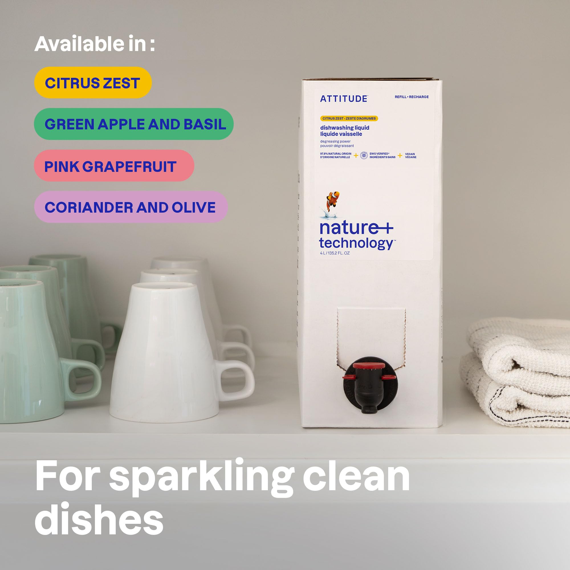 ATTITUDE Dish Soap Refill, EWG Verified, Plant-Based & Vegan Dishwashing Liquid, Naturally Derived, Made in Canada, Olive and Coriander Scent, 4 Liters 🍁 All In One Marketplace Canada