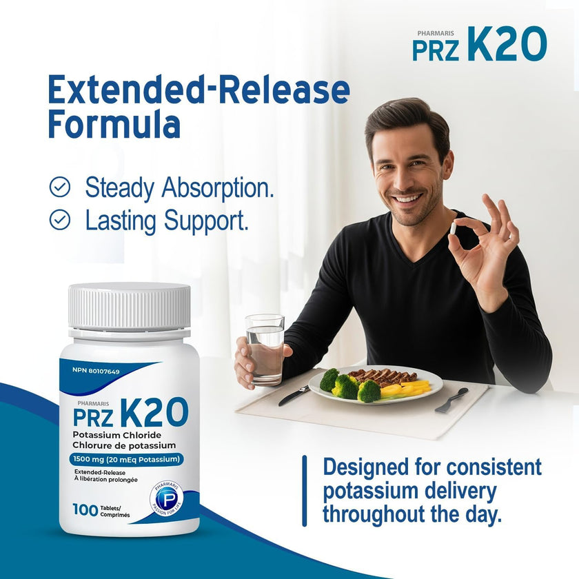 Pharmaris K-20 Potassium Chloride 1500mg Extended Release Tablets, Provides 20 mEq Potassium, Electrolyte Replenisher for Hypokalemia Treatment, Daily Use Supplement, 100 Tablets 🍁 All In One Marketplace Canada