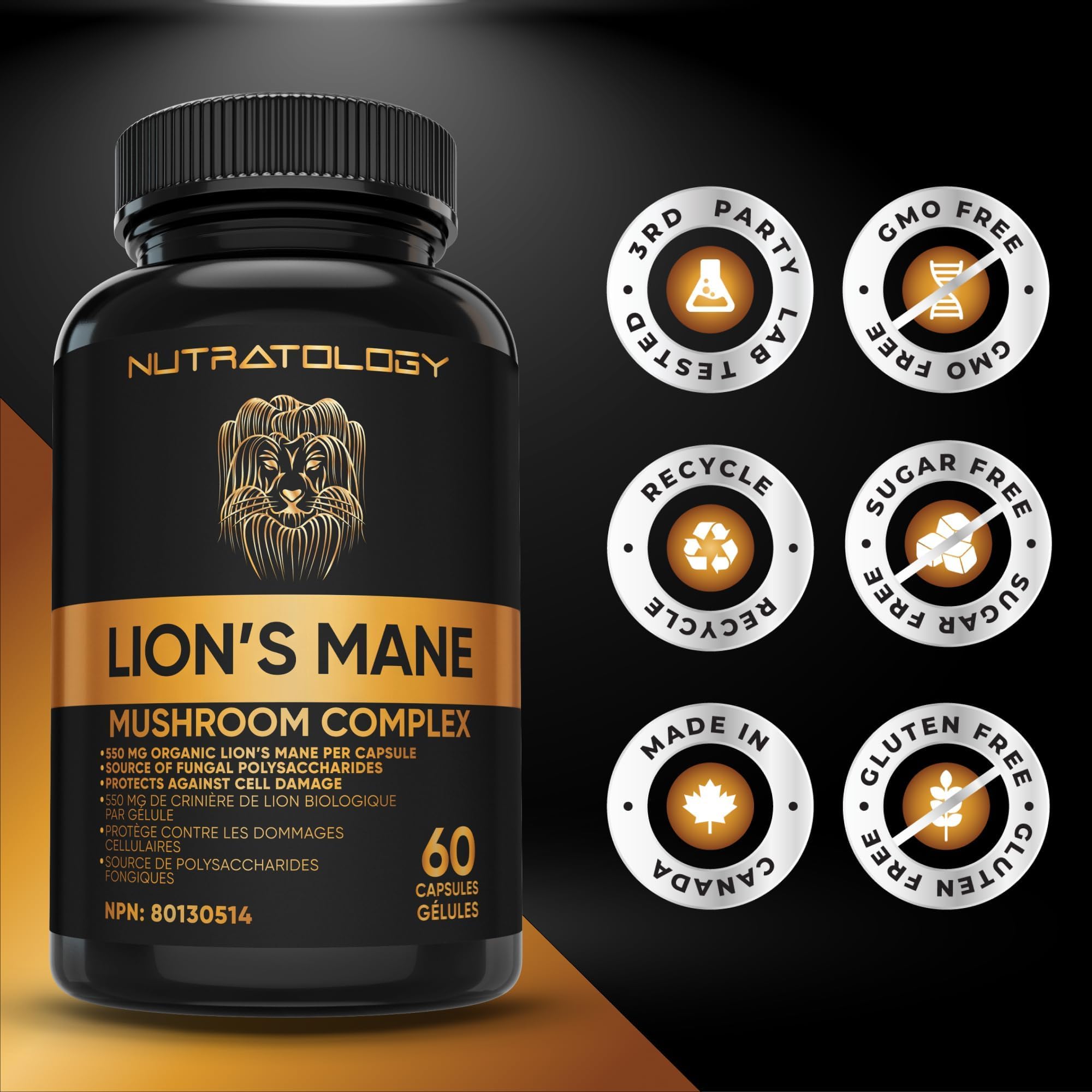 Nutratology® Organic Lion's Mane Mushroom Capasules - Nootropic Functional Mushroom Supplements Made With 40% Polysaccharides & >20% Beta-Glucan | Supports Memory, Cognition & Brain Health - 60 Count 🍁 All In One Marketplace Canada