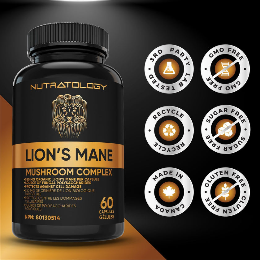 Nutratology® Organic Lion's Mane Mushroom Capasules - Nootropic Functional Mushroom Supplements Made With 40% Polysaccharides & >20% Beta-Glucan | Supports Memory, Cognition & Brain Health - 60 Count 🍁 All In One Marketplace Canada