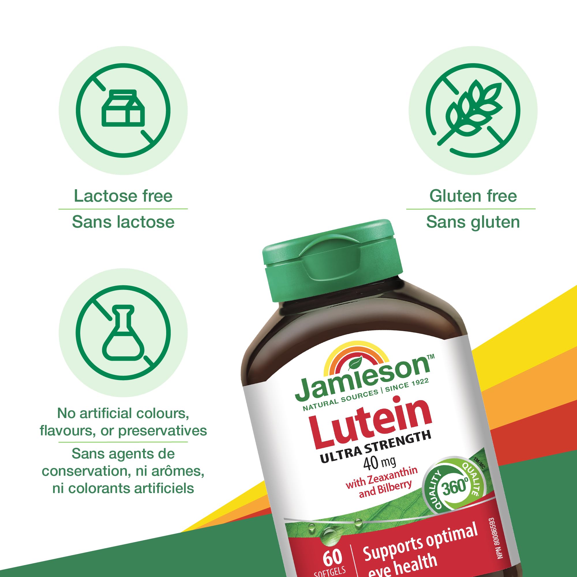 Jamieson Ultra Strength Lutein 40 mg, with Zeaxanthin and Bilberry, Supports Eye Health, and Helps Reduce the Risk of Developing Cataracts. Non-GMO, Gluten-Free, 60 Softgels, Proudly Canadian 🍁 All In One Marketplace Canada