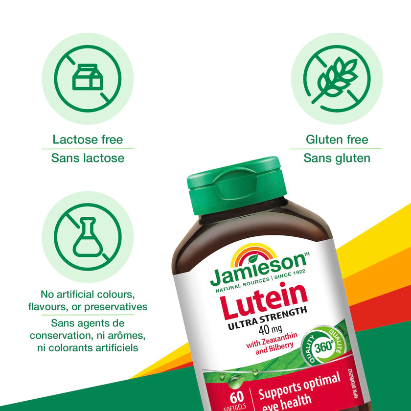 Jamieson Ultra Strength Lutein 40 mg, with Zeaxanthin and Bilberry, Supports Eye Health, and Helps Reduce the Risk of Developing Cataracts. Non-GMO, Gluten-Free, 60 Softgels, Proudly Canadian 🍁 All In One Marketplace Canada