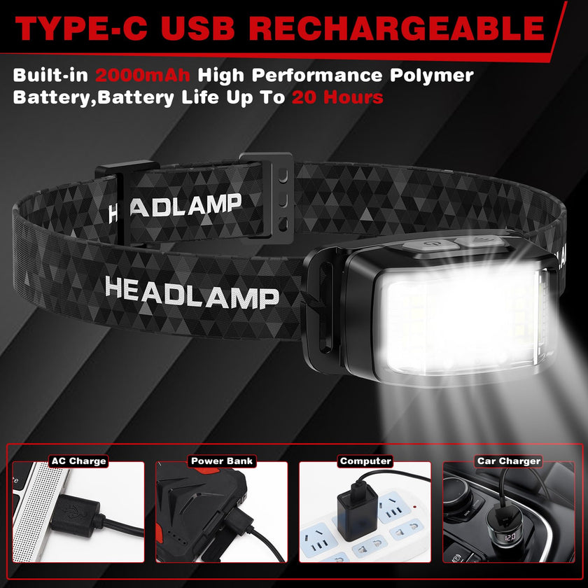 Headlamp Rechargeable 2 Packs,2000 Lumen Super Bright Motion Sensor 16 Modes (Individual Control) LED Headlamp,Waterproof Lightweight Flashlight Hard Hat Light for Outdoor Camping Fishing Running 🍁 All In One Marketplace Canada
