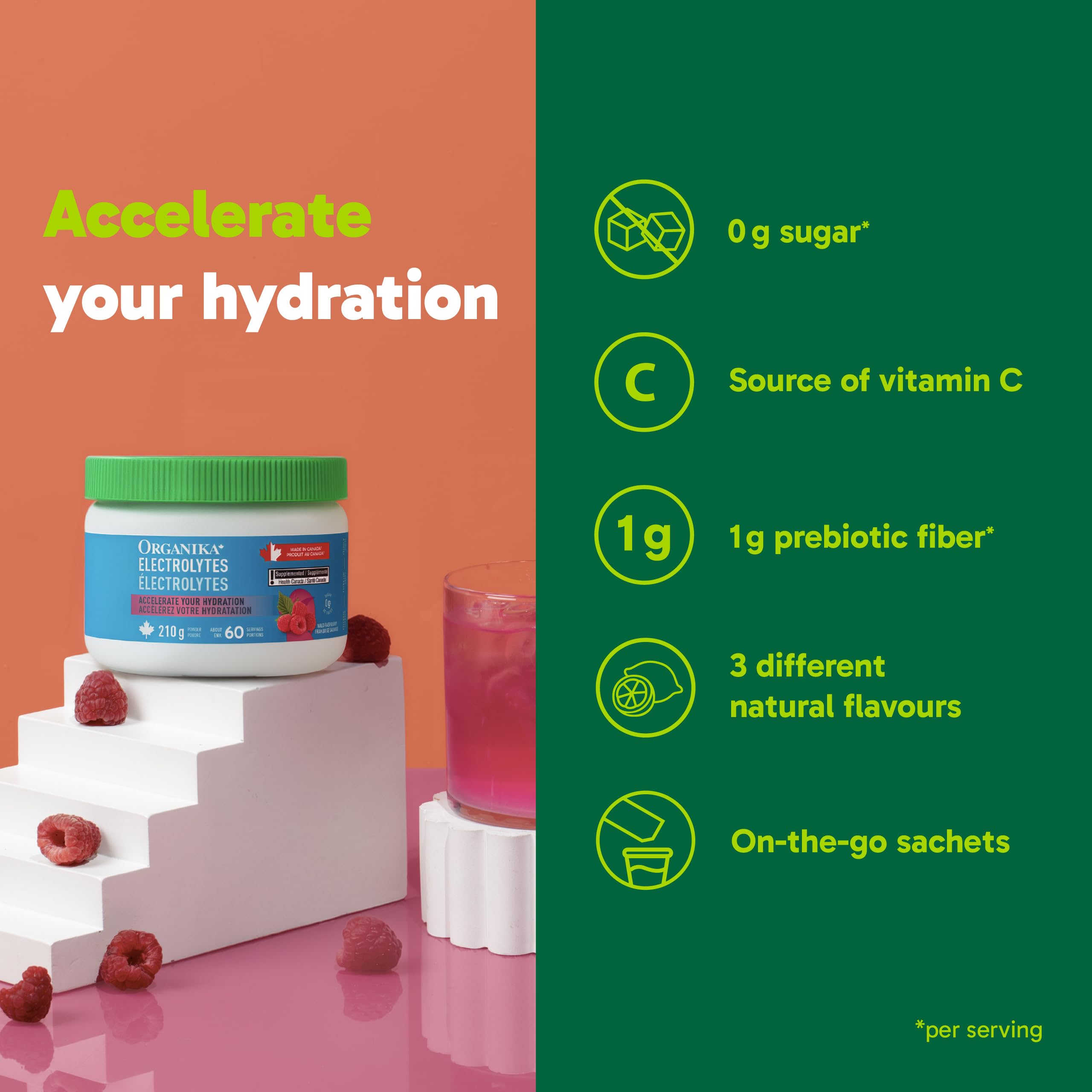 Organika Canadian-Made Electrolytes Powder with Vitamin C & Prebiotic Fibre - Sugar-Free Hydration Drink Mix - Wild Raspberry - 210 g - 60 servings 🍁 All In One Marketplace Canada