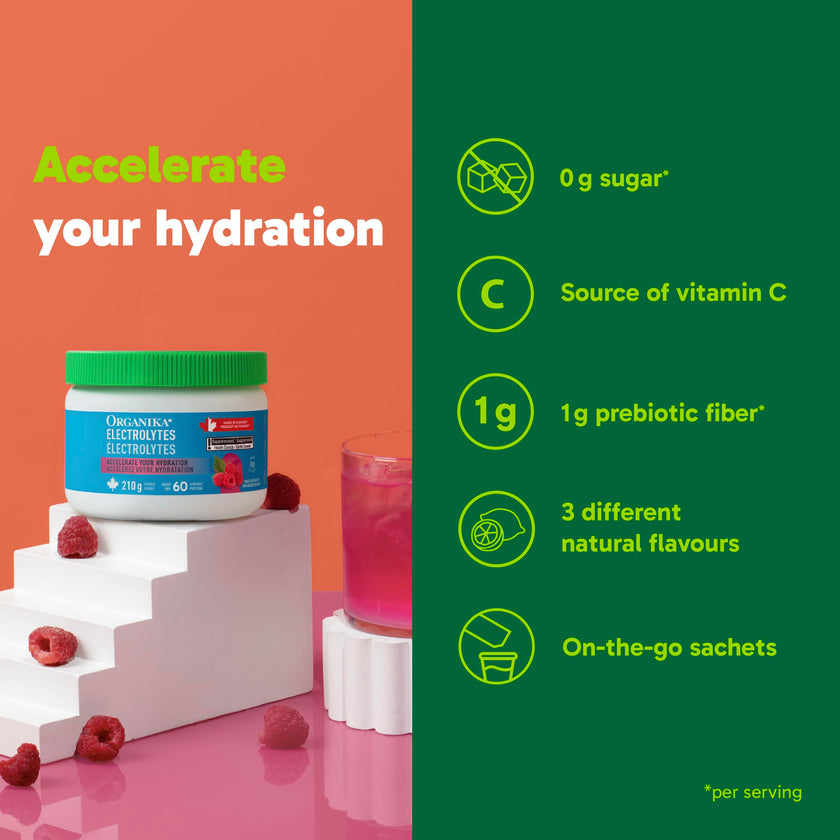 Organika Canadian-Made Electrolytes Powder with Vitamin C & Prebiotic Fibre - Sugar-Free Hydration Drink Mix - Wild Raspberry - 210 g - 60 servings 🍁 All In One Marketplace Canada