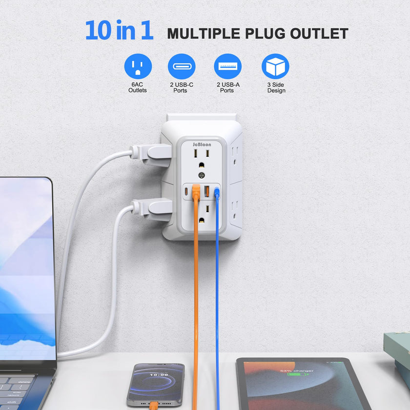 2 Pack Outlet Extender Surge Protector, 6 Outlet Splitter with 4 USB Outlet (2 USB A,2 USB C), 3Sided Power Strip with Adapter Spaced Outlets for Home, Office, Travel(White) 🍁 All In One Marketplace Canada