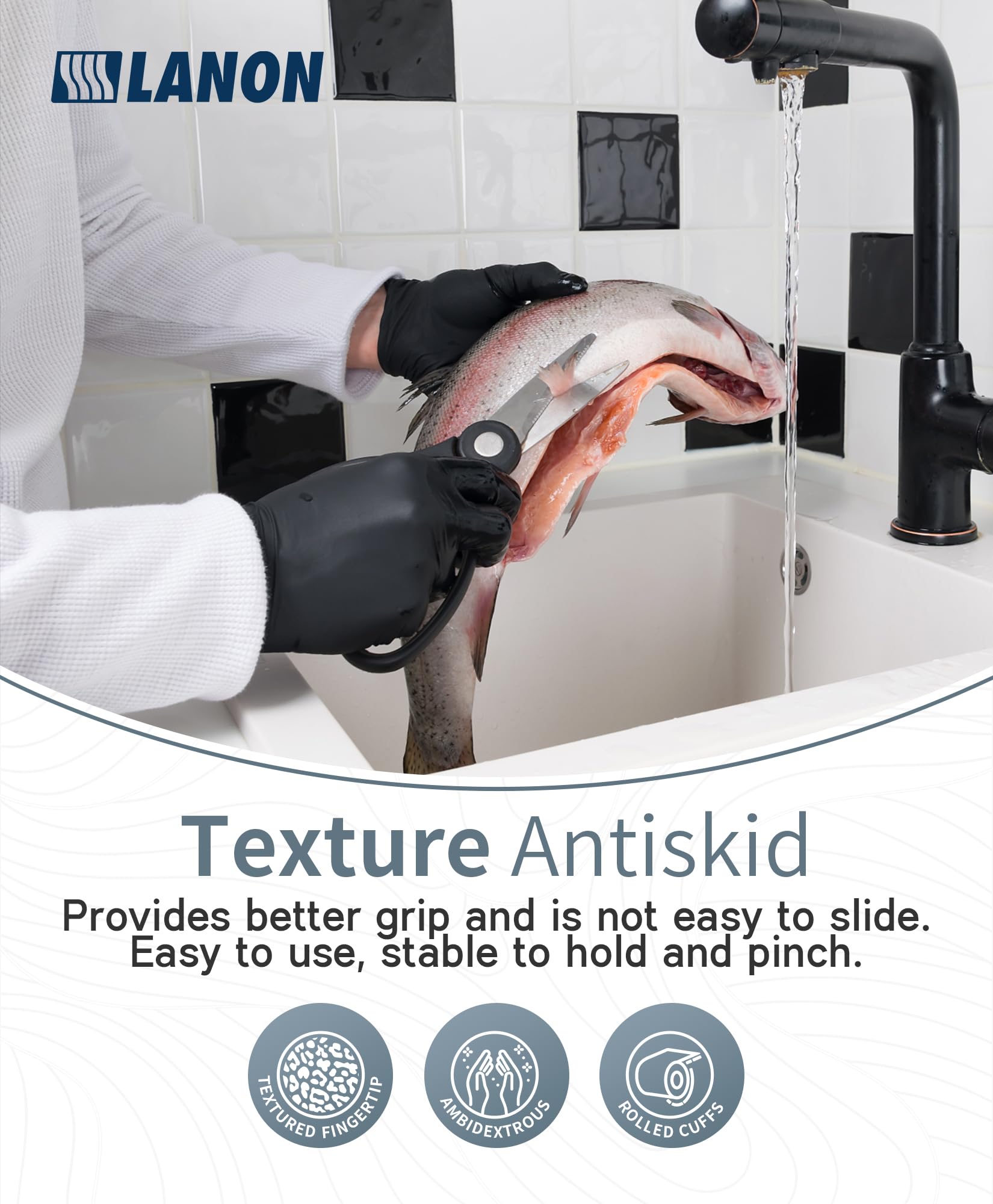 LANON Food Safe Disposable Black Nitrile Gloves, Latex-Free, Powder-Free, Silicone-Free, Textured Fingertips, Cooking, Medium 🍁 All In One Marketplace Canada