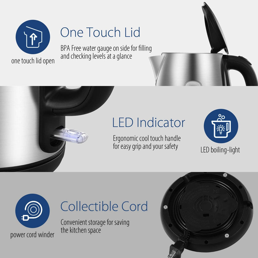 COMFEE' Stainless Steel Electric Kettle, 1.7L Tea Kettle Electric for Boiling Water, Hot Water Kettle 1500W Fast Boil with LED Light, Auto Shut-Off and Boil-Dry Protection 🍁 All In One Marketplace Canada