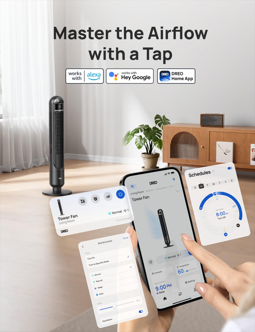 DREO Smart Tower Fan for Bedroom, 90° Oscillating Standing Fans for Room with 4 Speeds, 4 Modes, 25dB Quiet for Sleep, 25ft/s Velocity, 8H Timer, Remote/App/Voice Control for Living Room, Office, Home 🍁 All In One Marketplace Canada