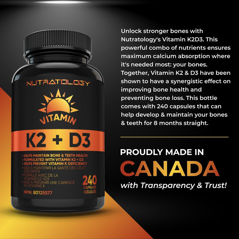 Nutratology® Vitamin K2 + D3 | Canadian-Made | Highest Potency 120MCG/1000 IU - 240 Capsules - Helps Maintain Bone & Teeth Health - Formulated With MK-7 For Best Results - Immune System Support. 🍁 All In One Marketplace Canada