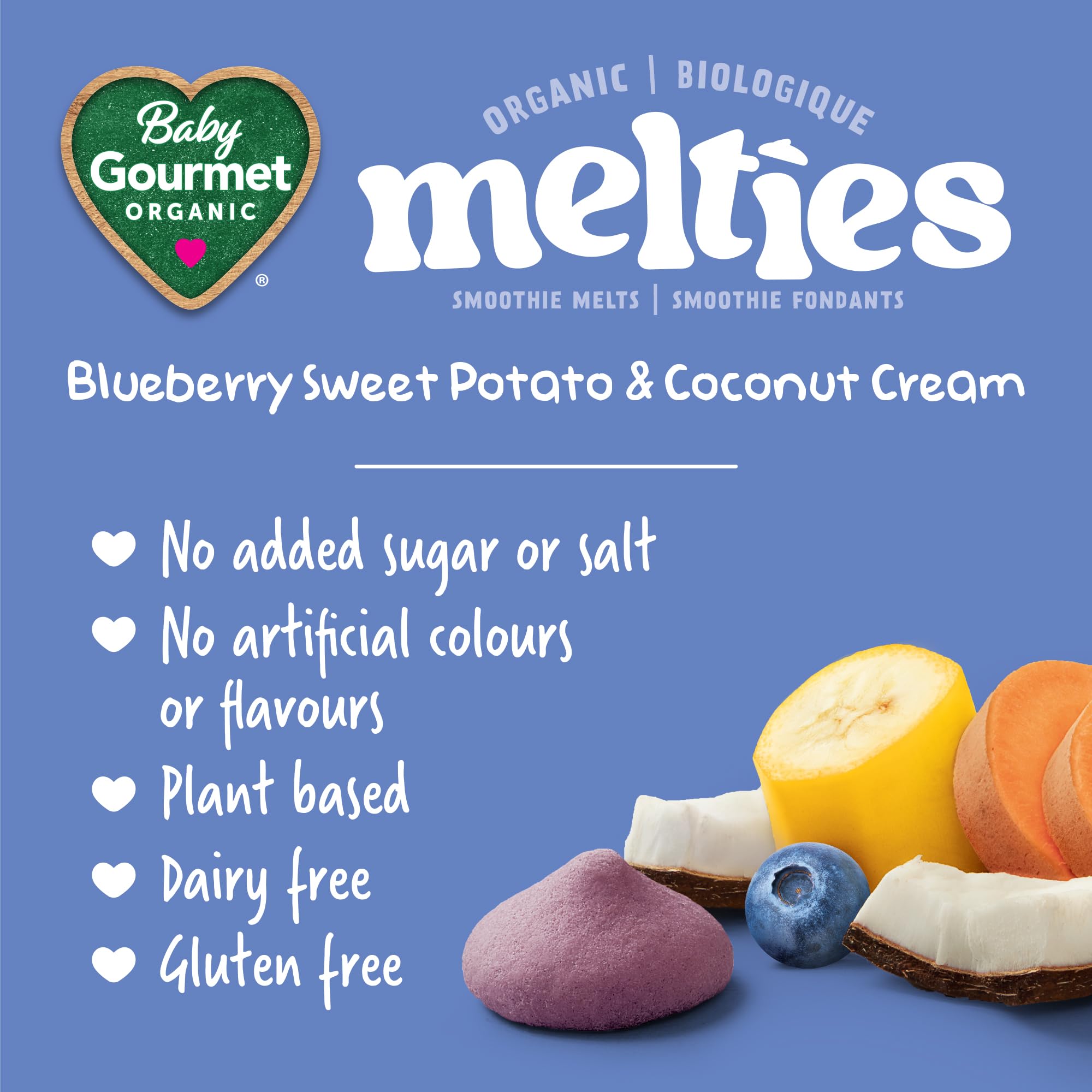 Baby Gourmet Melties, Blueberry, Sweet Potato & Coconut Cream, 23 g Bag (Pack of 8) | 8 Months+ | Meltable Snack for Self-Feeding | Organic | Canadian Brand 🍁 All In One Marketplace Canada