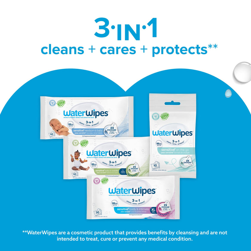 WaterWipes Sensitive+ Newborn & Baby Wipes, 3-In-1 Cleans, Cares, Protects, 99.9% Water, Unscented & Hypoallergenic, 540 Count (9 Packs) 🍁 All In One Marketplace Canada