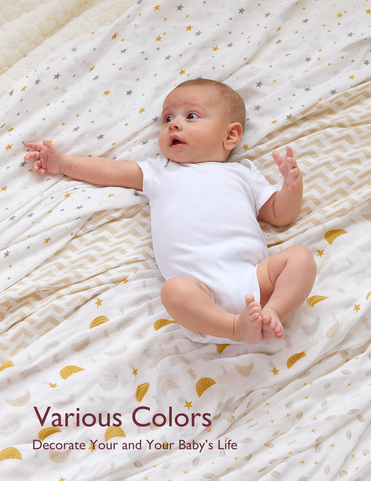 Momcozy Muslin Swaddle Blanket, 4 Pack Ultra Soft Neutral Swaddle Blankets, Breathable Large 47'' x 47'' Baby Infant Newborn Essentials, Boys Girls Receiving Blanket, Beige Star 🍁 All In One Marketplace Canada