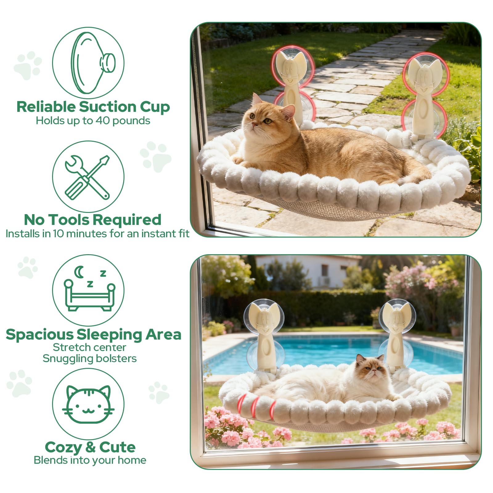 Ceecysaa Cat Window Perch, Cat Hammock Cordless Window Bed with Easy Assembly Strong Metal Frame and Removable Soft Cover, 4 Strong Suction Cups Soft Cover Foldable Cats Shelf Seat for Indoor Cats 🍁 All In One Marketplace Canada