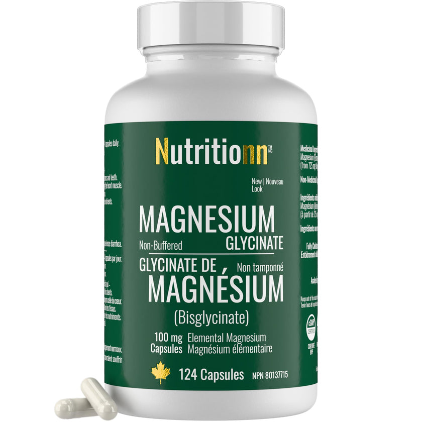 Magnesium Glycinate 100 mg Capsules (Elemental) from Non-Buffered Fully Chelated 100% Magnesium Bisglycinate - 124 High-Absorption Capsules with No Additives - Made in Canada - Nutritionn 🍁 All In One Marketplace Canada