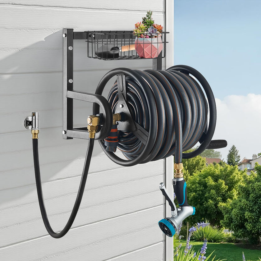 VEVOR Wall Mounted Garden Hose Reel, Holds 125 ft 5/8-inch Hose, Heavy-Duty Water Hose Winder, Space-Saving Design, Outdoor Manual Reel with Brass Fitting and Storage Basket for Yard Lawn 🍁 All In One Marketplace Canada