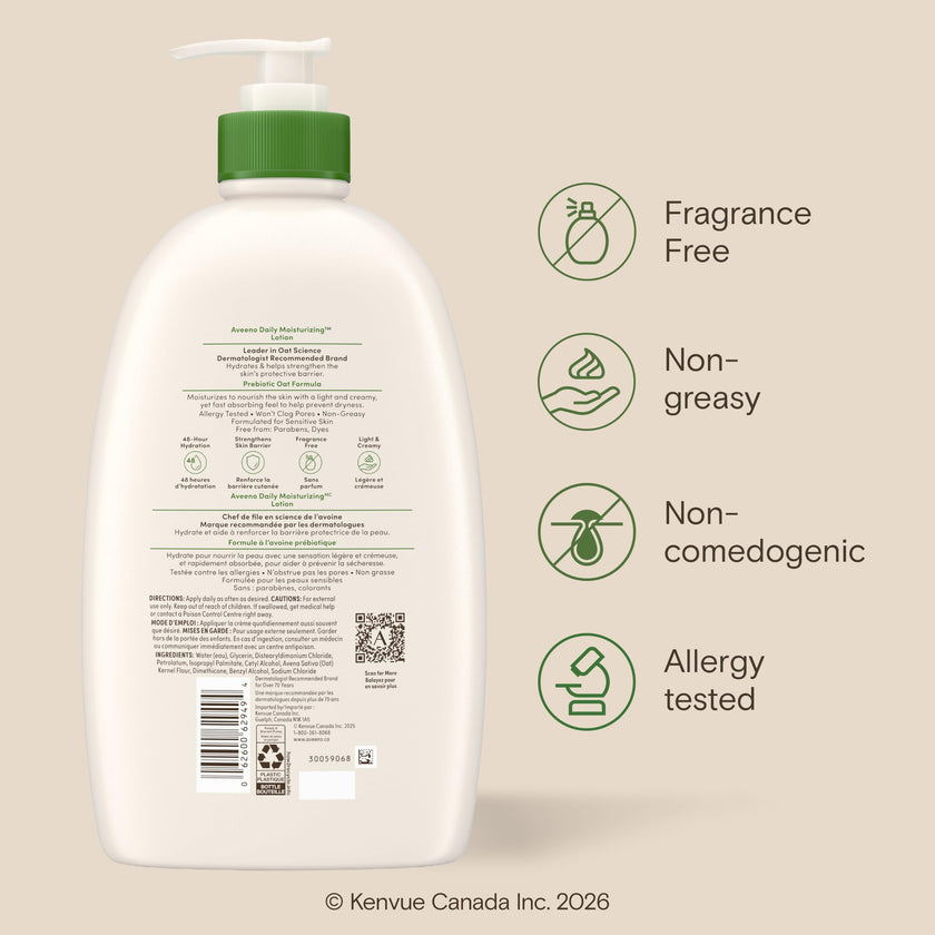 Aveeno Daily Moisturizing Body Lotion with Soothing Prebiotic Oat, Gentle Lotion Nourishes Dry Skin With Moisture, Paraben-, Dye- & Fragrance-Free, Non-Greasy & Non-Comedogenic, 975 ml 🍁 All In One Marketplace Canada