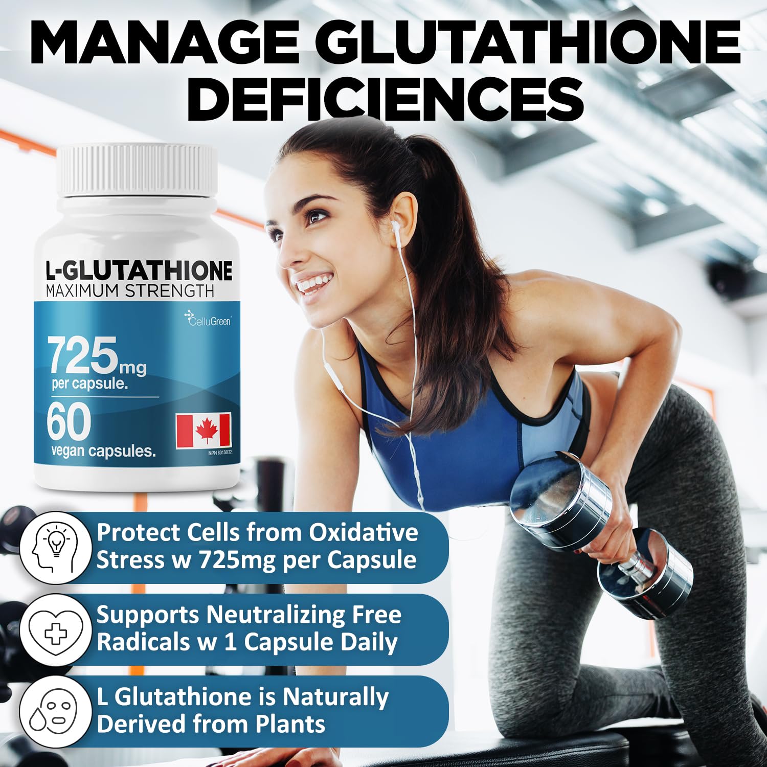 CelluGreen 725mg L-Glutathione MOST POWERFUL AVAILABLE Antioxidant Support for Cellular Health, Liver Detox, Skin & Immune Health, Vegan, Made in Canada. 60 Capsules 🍁 All In One Marketplace Canada