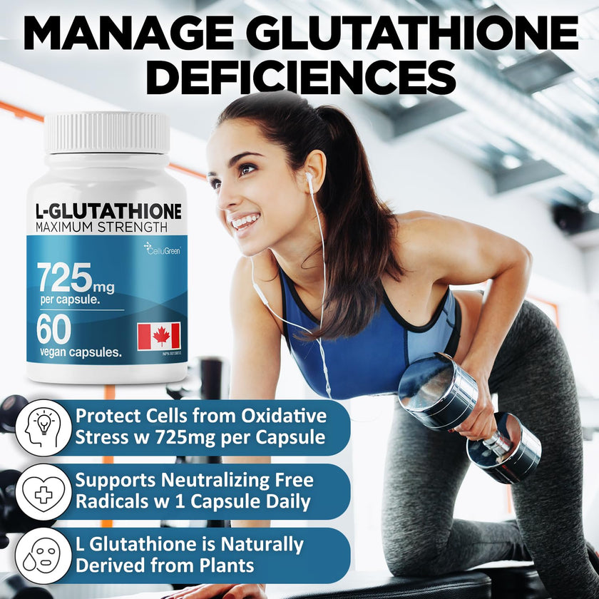 CelluGreen 725mg L-Glutathione MOST POWERFUL AVAILABLE Antioxidant Support for Cellular Health, Liver Detox, Skin & Immune Health, Vegan, Made in Canada. 60 Capsules 🍁 All In One Marketplace Canada