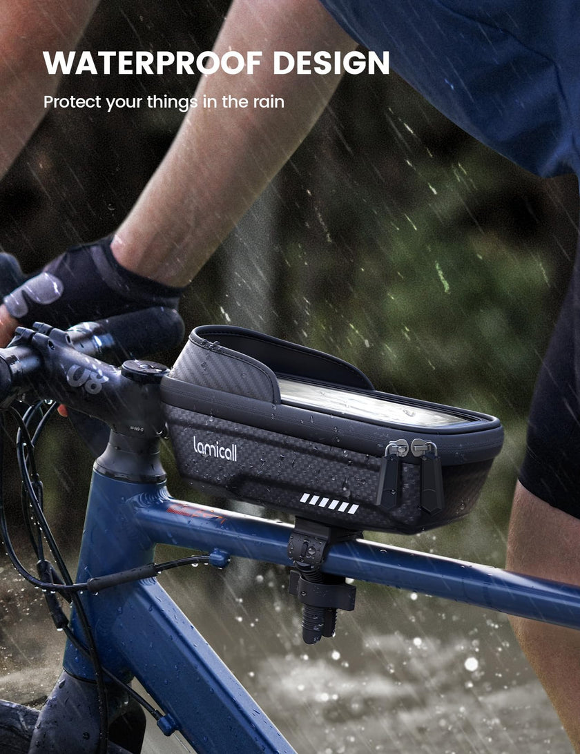 Lamicall Bike Frame Bag Waterproof - [Quick Install & Remove] 1.3L Bike Phone Bag with Sensitive Touch Screen, Bike Phone Holder with Rain Cover, Bicycle Top Tube Bag, Bike Accessories for Phones 4-7