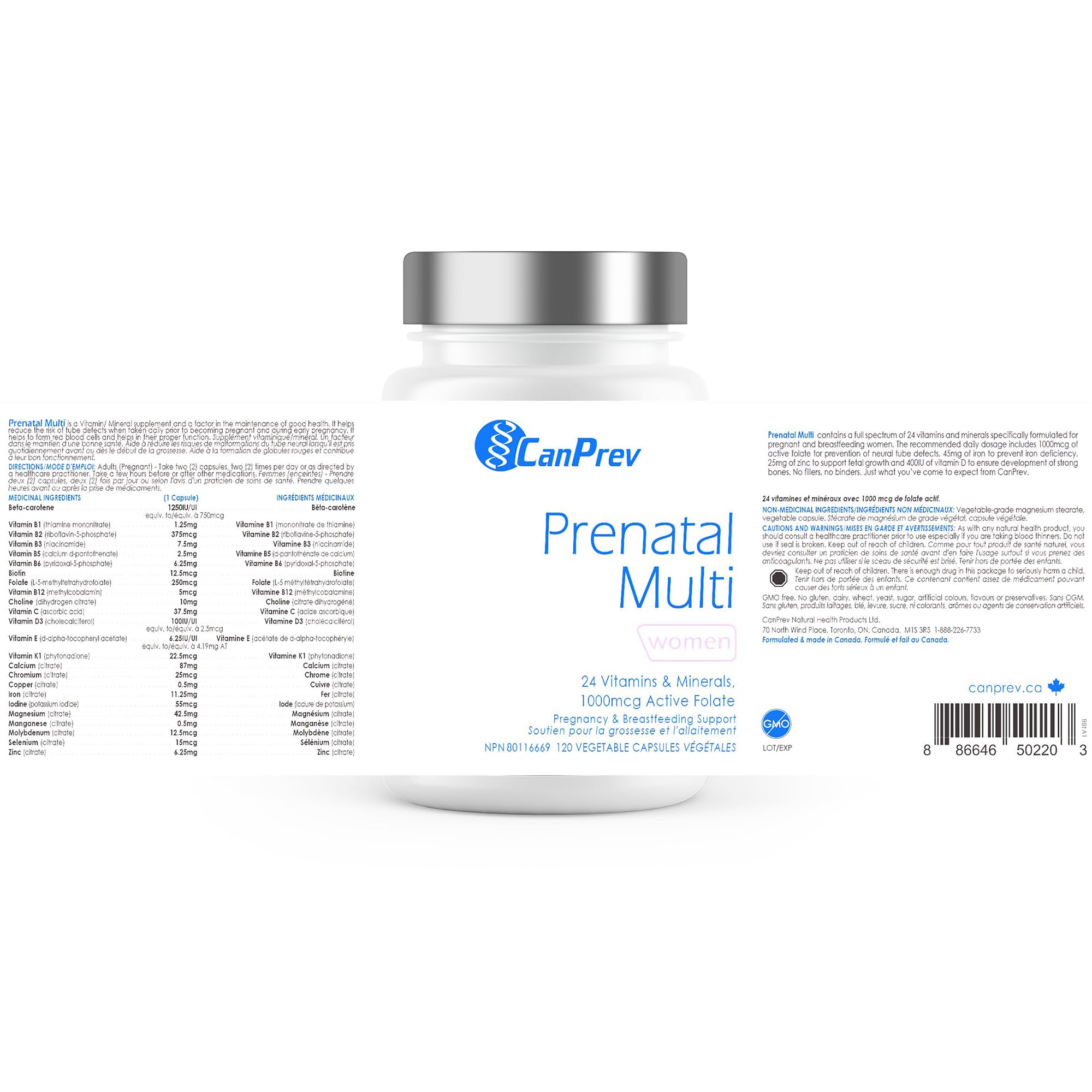 CanPrev Prenatal Multi 120 Caps 30-Day Supply - Prenatal Vitamins with Folic Acid for Pregnancy & Breastfeeding, Women's Prenatal Multivitamin & Mineral, 1000 mcg Active Folate - Non-GMO & Gluten-Free 🍁 All In One Marketplace Canada