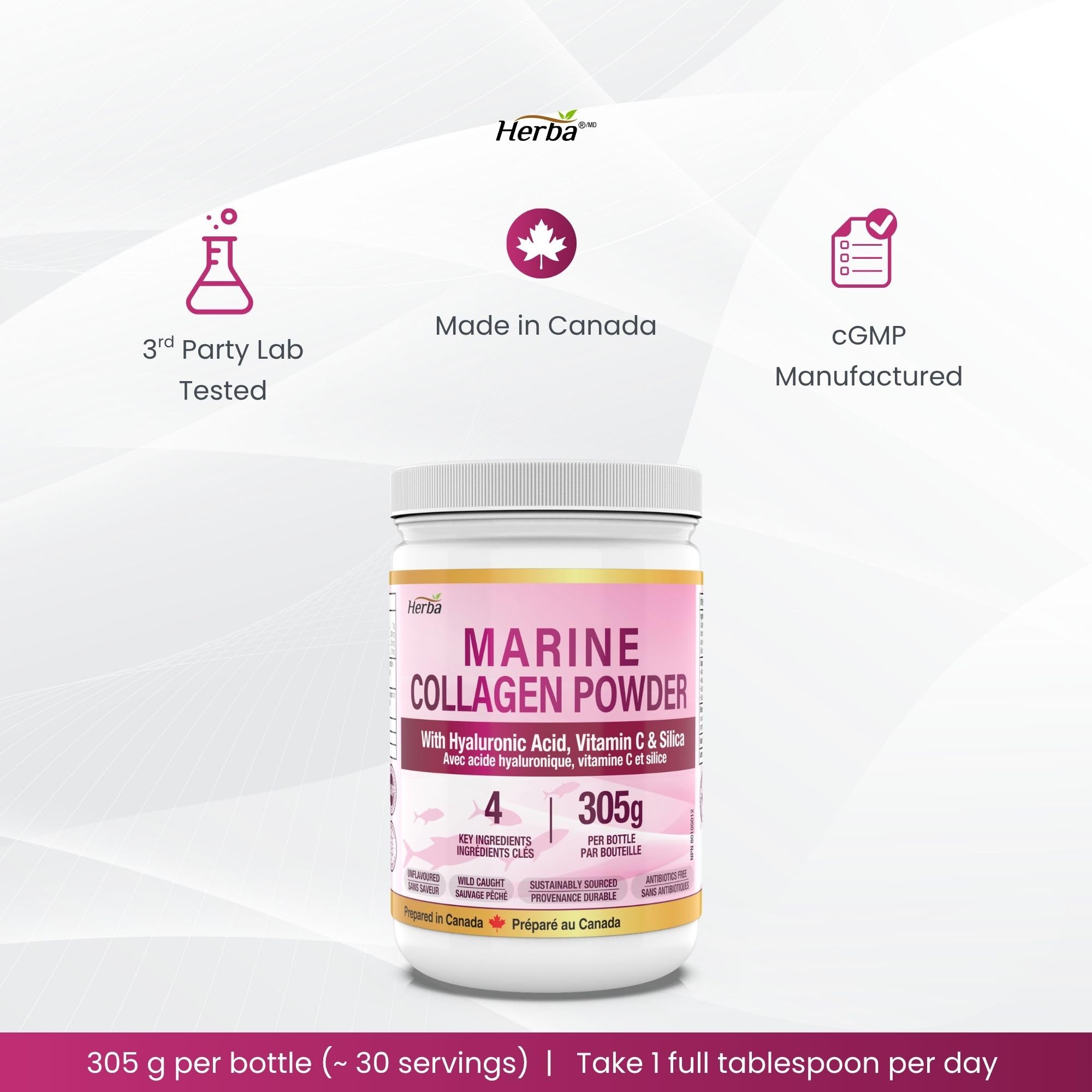 Herba Marine Collagen Powder for Women & Men with Hyaluronic Acid, Vitamin C, and Silica – 305g | Made in Canada | Wild Caught | Hydrolyzed Collagen Peptides | Antibiotics Free | Sustainably Sourced 🍁 All In One Marketplace Canada