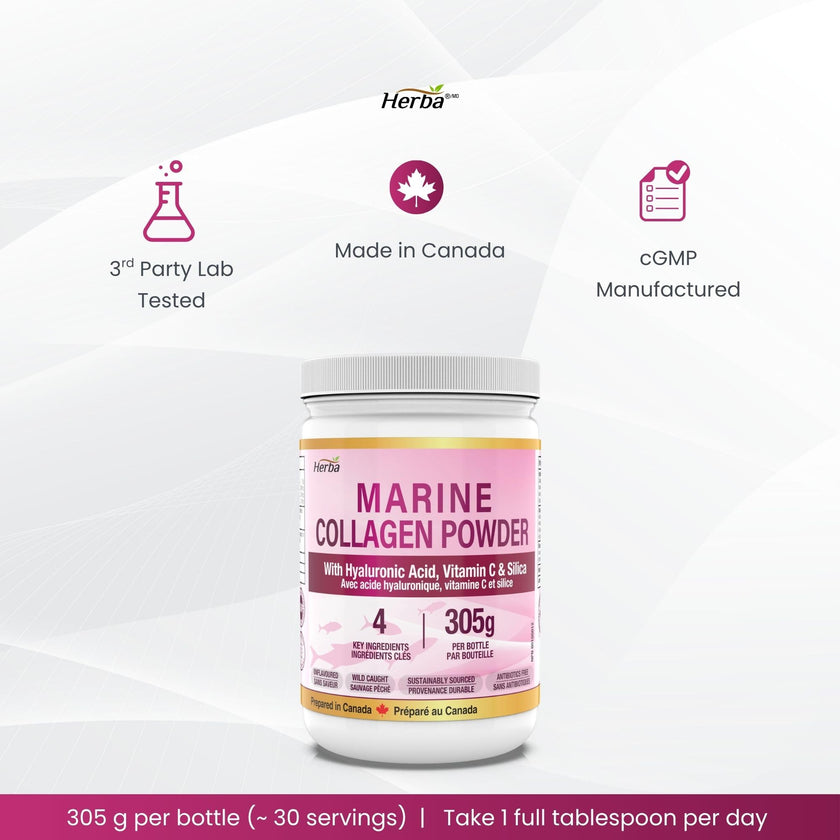 Herba Marine Collagen Powder for Women & Men with Hyaluronic Acid, Vitamin C, and Silica – 305g | Made in Canada | Wild Caught | Hydrolyzed Collagen Peptides | Antibiotics Free | Sustainably Sourced 🍁 All In One Marketplace Canada