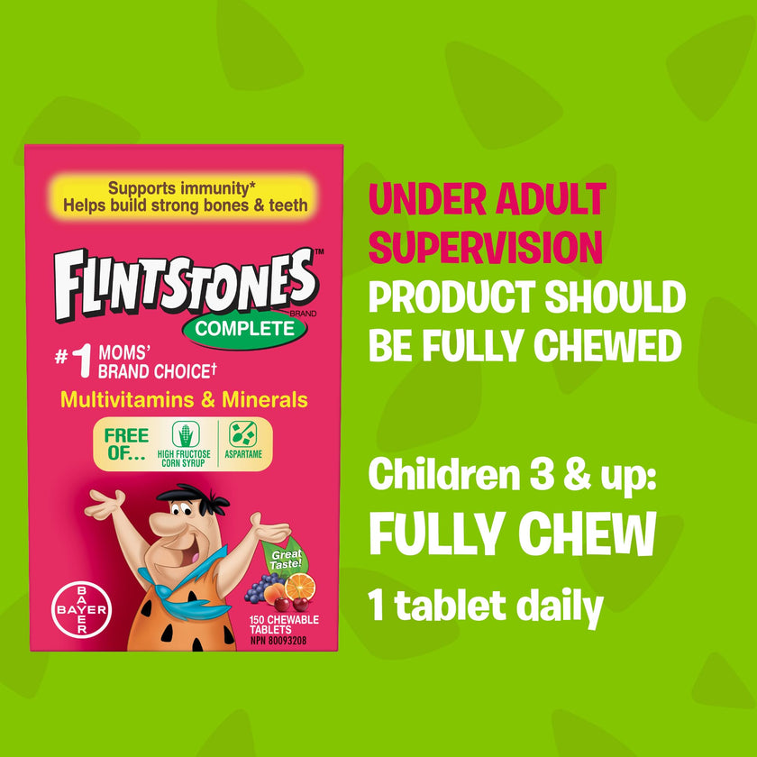 FLINTSTONES Complete Chewable Multivitamin for Kids, Aspartame-Free, with Vitamin A, C6, B12, C, D, e, & Calcium 150 count 🍁 All In One Marketplace Canada