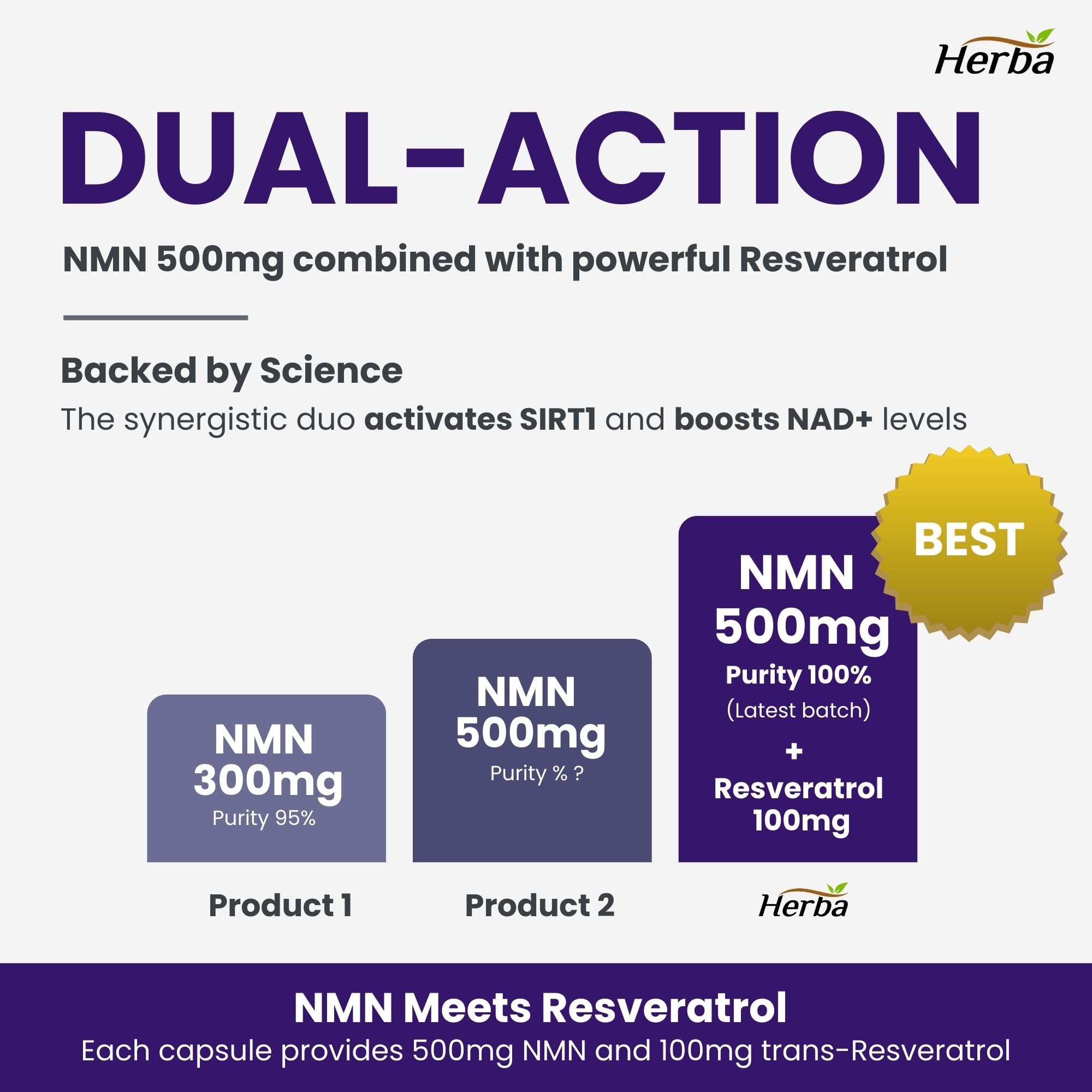 Herba NMN Supplement with Resveratrol – 500mg + 100mg | 100% Purity β-NMN & >99% Resveratrol | NAD Supplement Canada Made | NAD+ Precursor | 30 Capsules 🍁 All In One Marketplace Canada