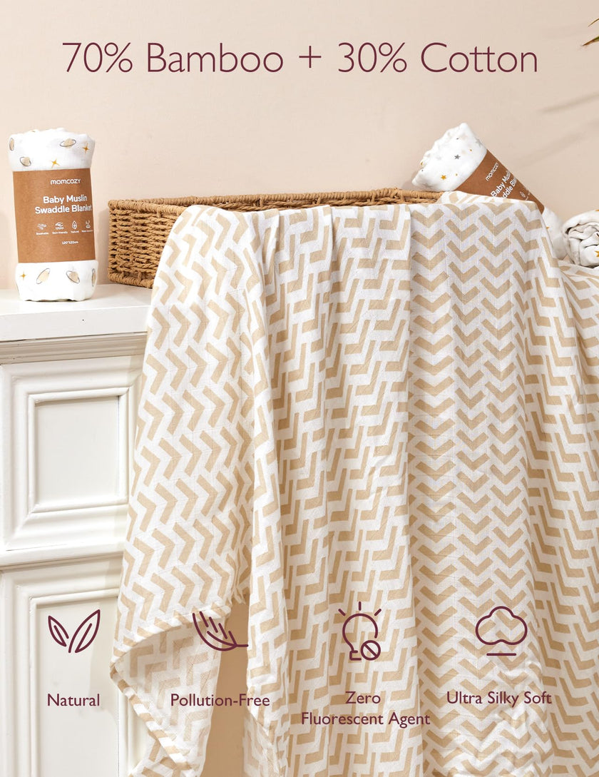 Momcozy Muslin Swaddle Blanket, 4 Pack Ultra Soft Neutral Swaddle Blankets, Breathable Large 47'' x 47'' Baby Infant Newborn Essentials, Boys Girls Receiving Blanket, Beige Star 🍁 All In One Marketplace Canada