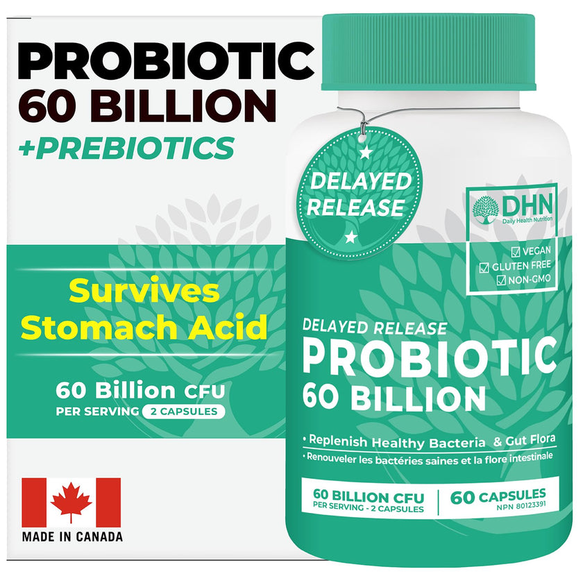 Probiotics Women & Men - 60 Billion CFU Probiotic + Prebiotics | Delayed Release Capsules Survive Stomach Acid for Max Potency | Digestive & Immune Support | Bloating & Gas Relief | Shelf Stable Lactobacillus Strains | Canadian Made, 3rd Party Tested