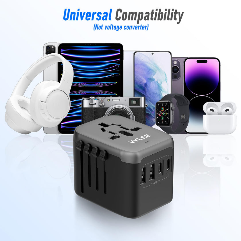 VYLEE Universal International Power Travel Plug Adapter, 5 in 1 European Travel Plug Adapter W/ 3.5A 2xUSB-A and 2xUSB C Wall Charger and Worldwide AC Outlet for Europe USA UK AUS Asia (Black Grey) 🍁 All In One Marketplace Canada