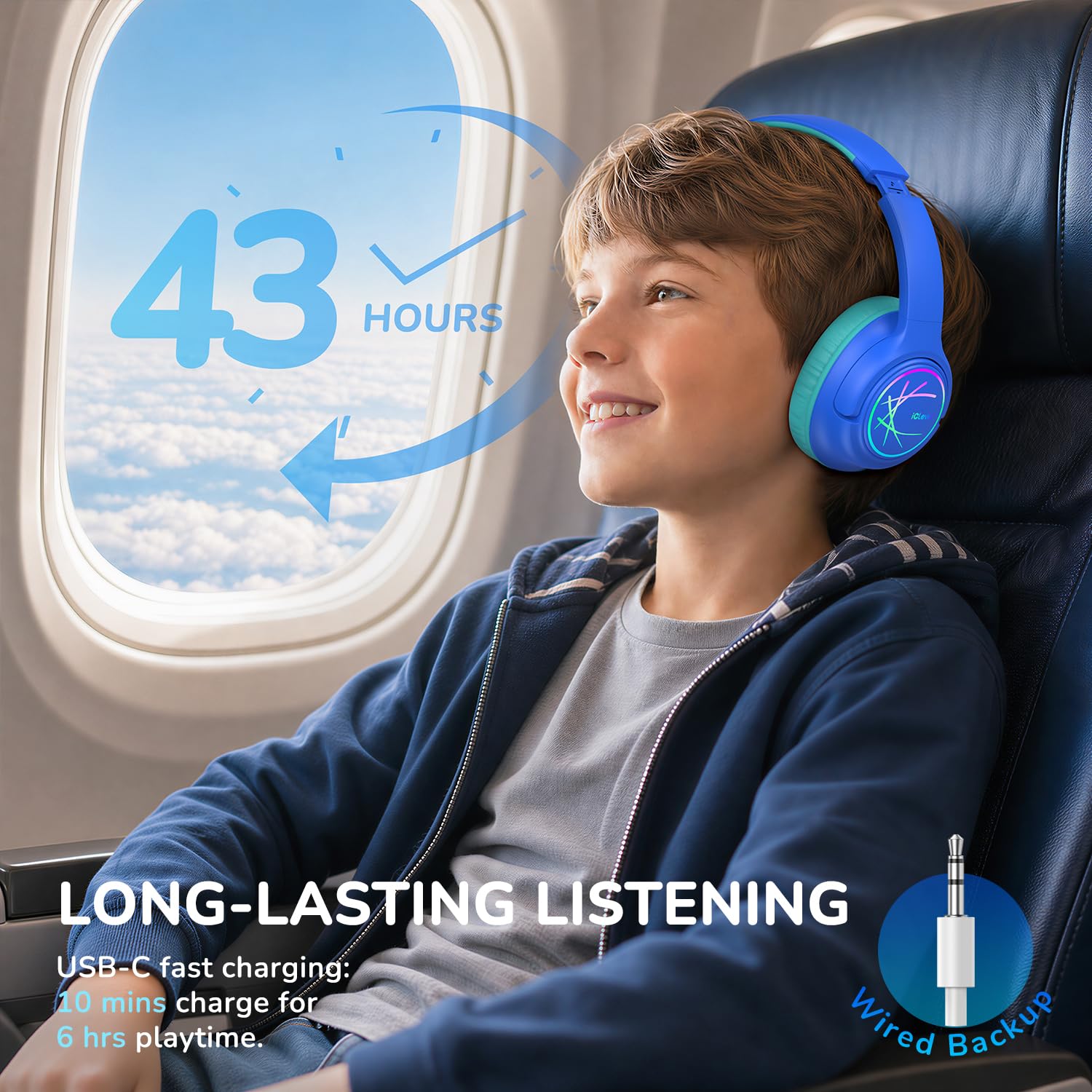 Kids Headphones Wireless with LED Lights, iClever BTH18 Safe Volume 74/85dBA, 43H Playtime, Stereo Sound, USB-C, AUX Cable, Bluetooth5.3 Over Ear Kids Toddler Headphones for Tablet/Travel, Blue 🍁 All In One Marketplace Canada