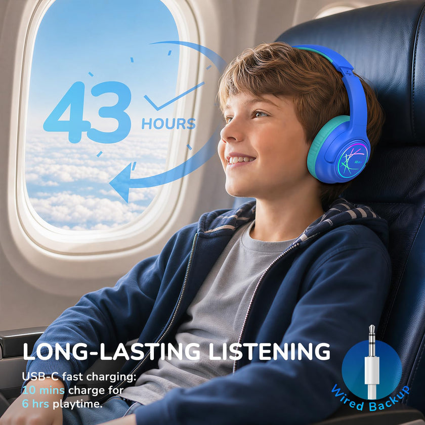 Kids Headphones Wireless with LED Lights, iClever BTH18 Safe Volume 74/85dBA, 43H Playtime, Stereo Sound, USB-C, AUX Cable, Bluetooth5.3 Over Ear Kids Toddler Headphones for Tablet/Travel, Blue 🍁 All In One Marketplace Canada