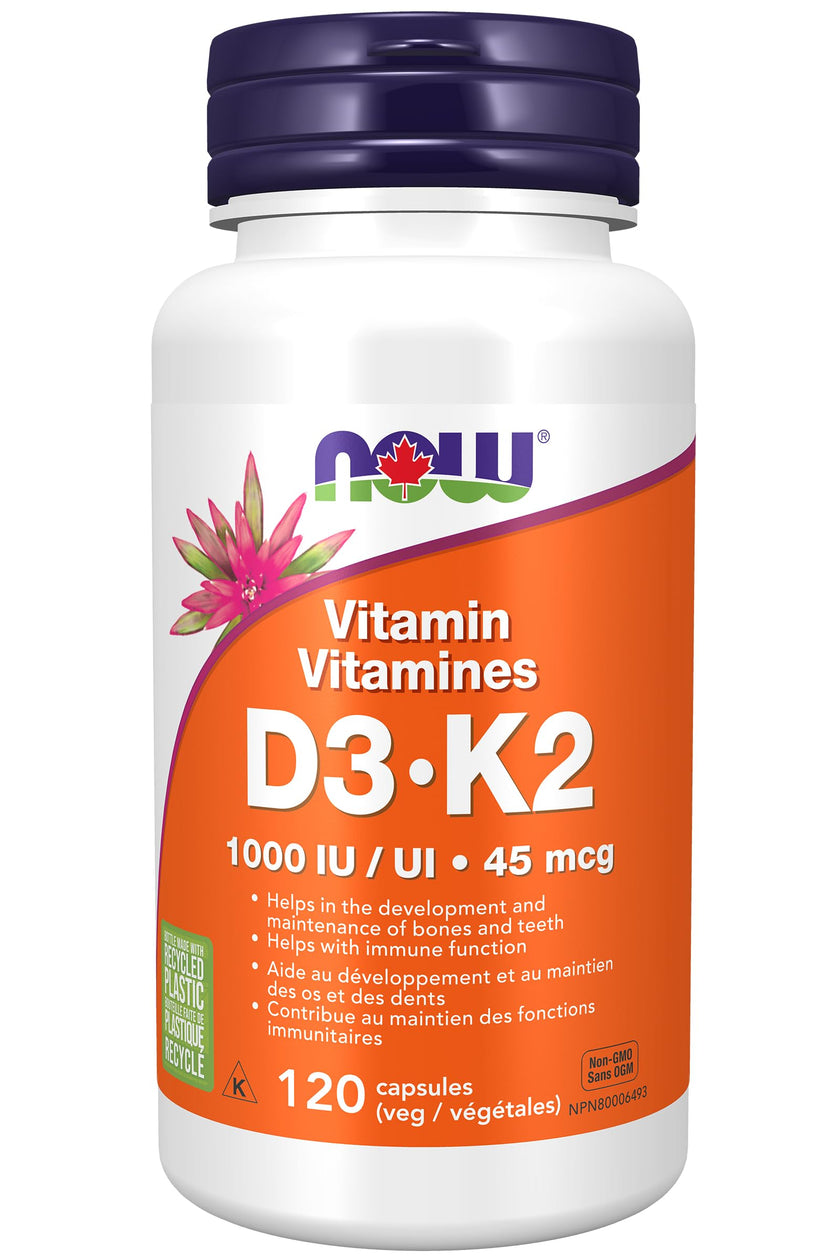NOW Supplements, Vitamin D-3 & K-2, 1,000 IU/45 mcg, Plus Cardiovascular Support, Supports Bone Health, 120 Veg Capsules 🍁 All In One Marketplace Canada