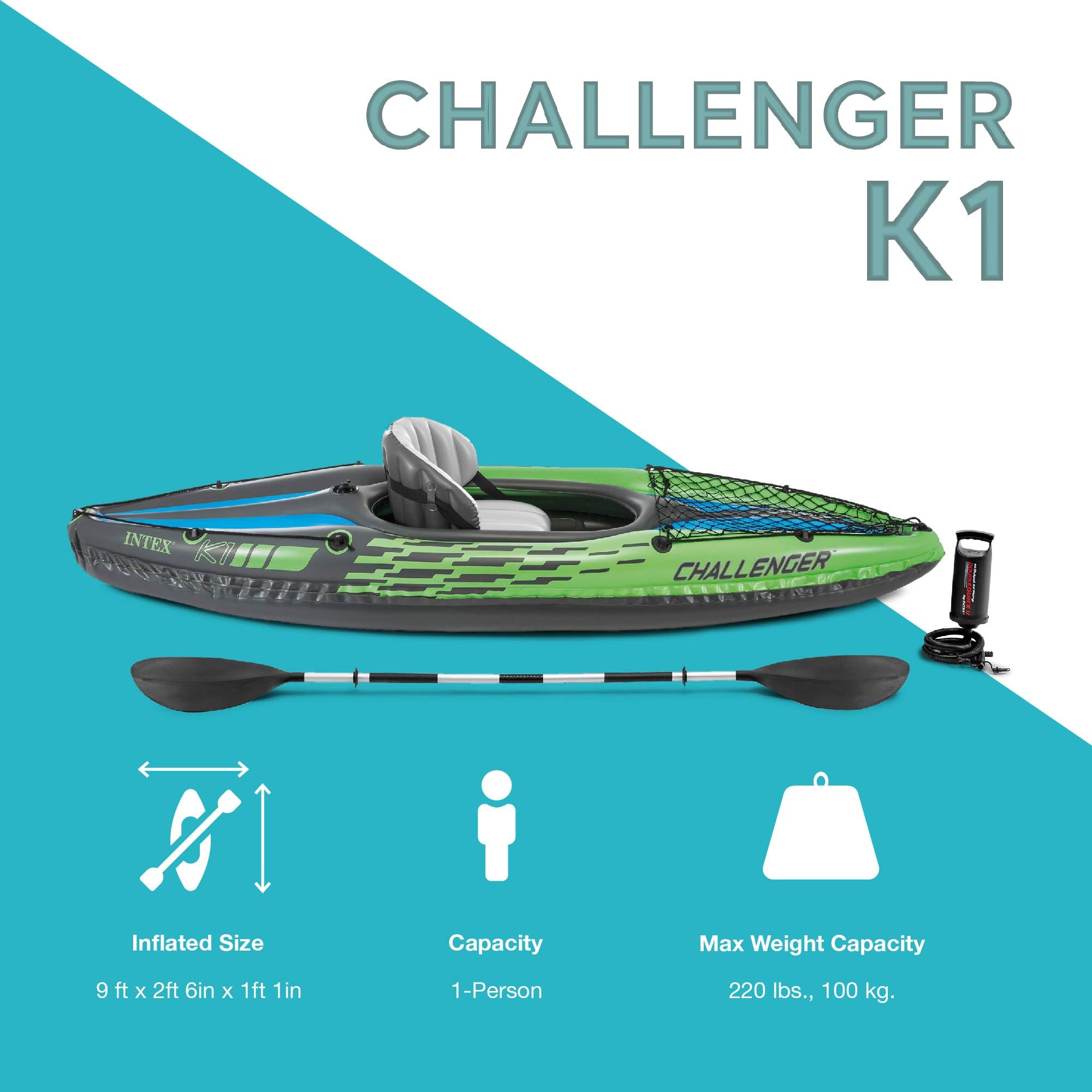 INTEX 68305EP Challenger K1 Inflatable Kayak Set: Includes Deluxe 86in Aluminum Oar and High-Output Pump – Adjustable Seat with Backrest – Removable Skeg – 1-Person – 220lb Weight Capacity 🍁 All In One Marketplace Canada