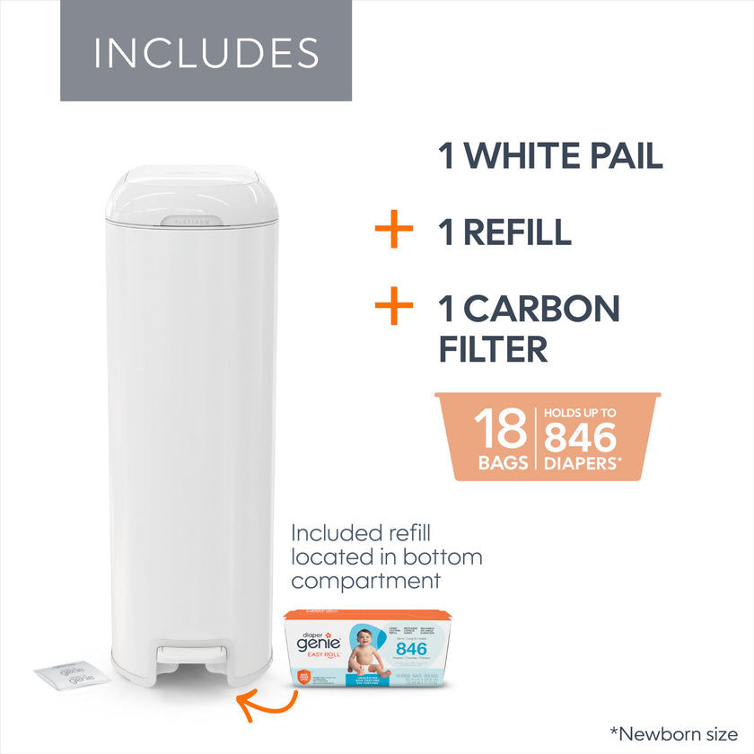 Diaper Genie Platinum Diaper Pail, White - Made in Durable Stainless Steel and Includes 1 Easy Roll Refill with 18 Bags 🍁 All In One Marketplace Canada