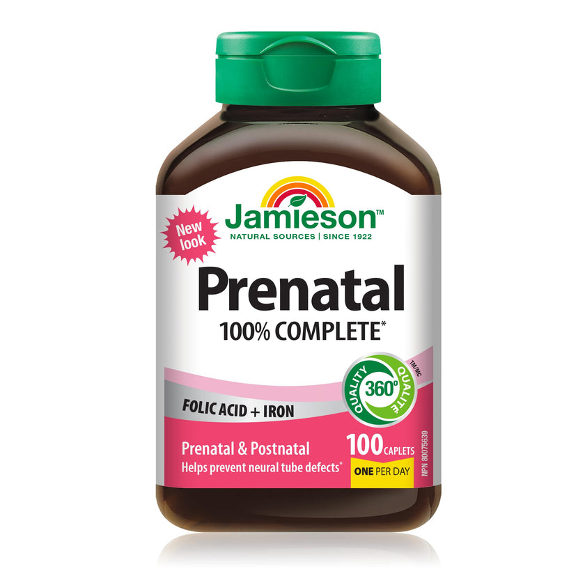 Jamieson Prenatal 100% Complete Multivitamin with Folic Acid and Iron, 100 Caplets. Formulated for Prenatal and Postnatal, and While Breastfeeding, Prevents Neural Tube Defects, One Per Day 🍁 All In One Marketplace Canada