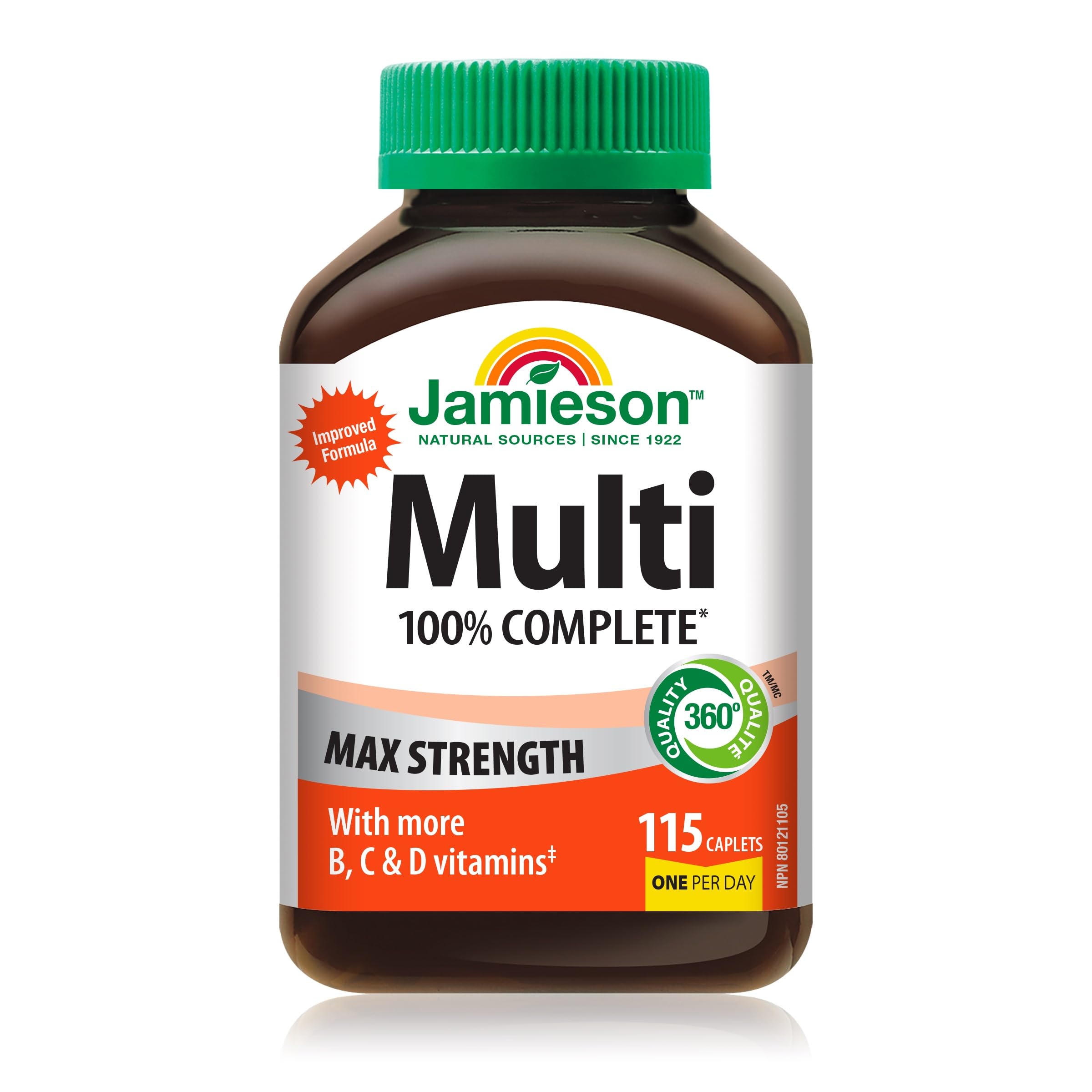Jamieson 100% Complete Multivitamin Max Strength, with Higher Concentrations of Vitamin B, Vitamin C, and Vitamin D. Supports Immunity, Energy, and Overall Health, Gluten-Free, One Per Day, 115 Caplets 🍁 All In One Marketplace Canada