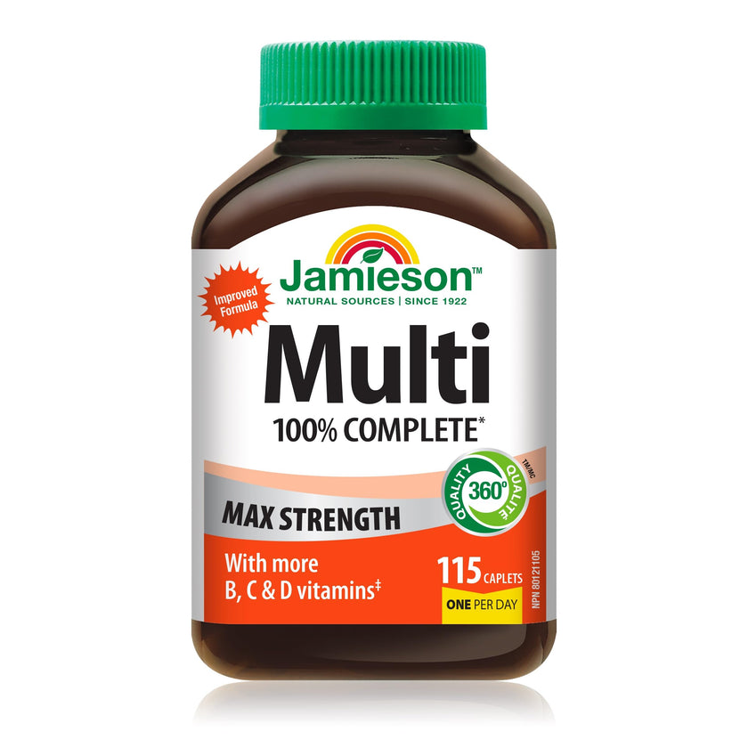 Jamieson 100% Complete Multivitamin Max Strength, with Higher Concentrations of Vitamin B, Vitamin C, and Vitamin D. Supports Immunity, Energy, and Overall Health, Gluten-Free, One Per Day, 115 Caplets 🍁 All In One Marketplace Canada