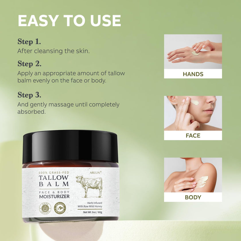Beef Tallow and Honey Balm for Skin: Whipped Grass Fed Beef Tallow Balm Moisturizer with Raw Honey and Olive Oil for Face and Body - Natural Cow Fat Cream Unscented 🍁 All In One Marketplace Canada