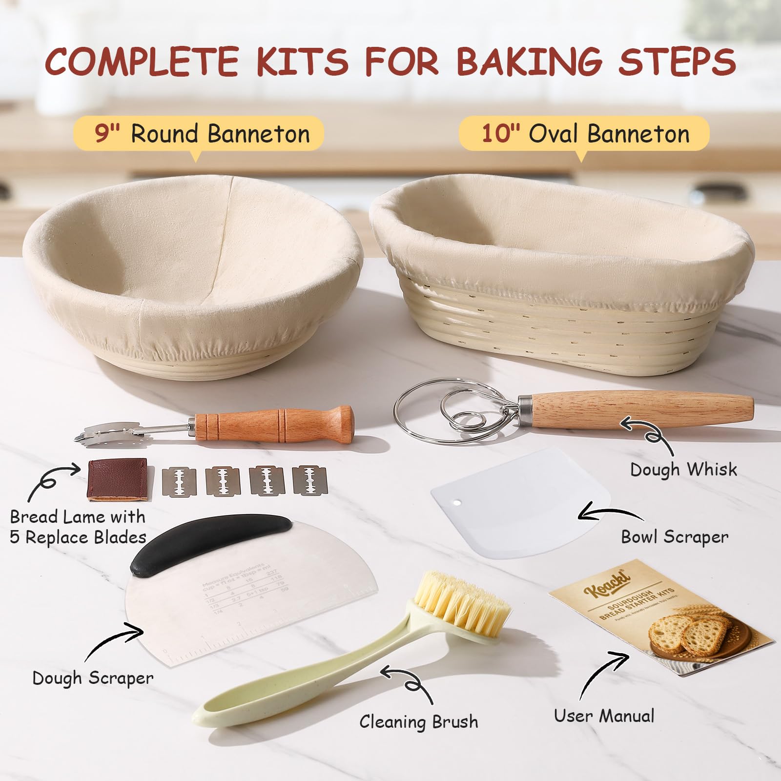 KOACKL Sourdough Bread Starter Kits, Banneton Sourdough Bread Making Tools Kit, Banneton Proofing Basket Making Bread Basket Baking for Baking Dough with Rising Pattern (Round and Oval) 🍁 All In One Marketplace Canada