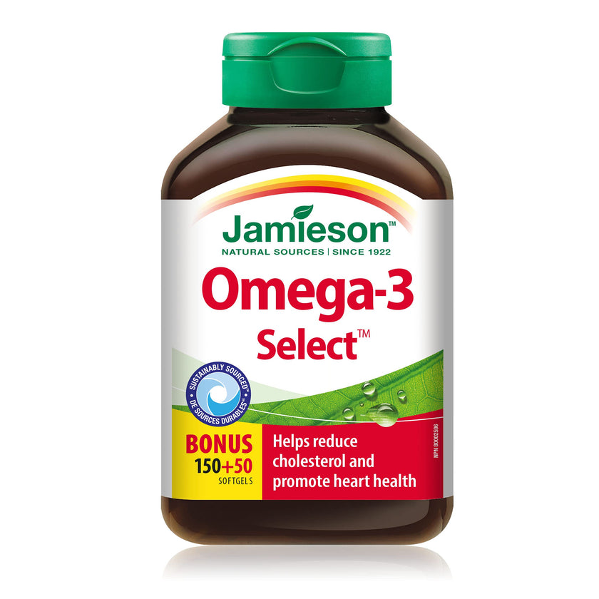 Jamieson Omega-3 Select 1,000 mg, Improves Heart Health, Supports Brain Health, and Reduces Inflammation. With 300 mg EPA and 200 mg DHA, Non-GMO, Gluten-Free, 200 Softgels 🍁 All In One Marketplace Canada