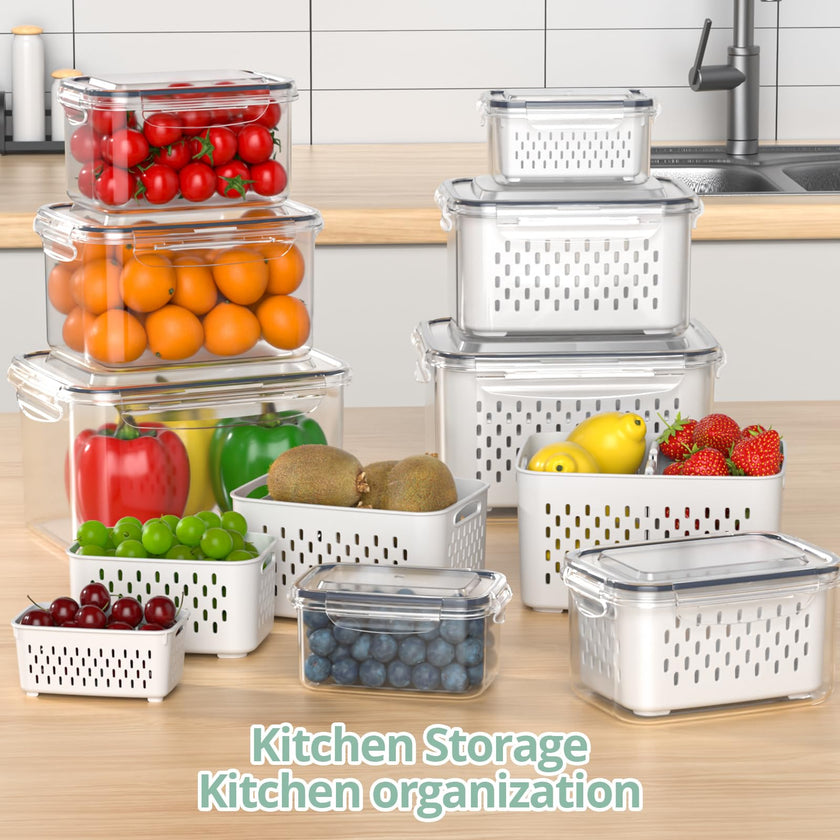Fruit Storage Containers for Fridge with Removable Colander, 8 Pack Fruit Containers for Fridge with 2 Function Divider Plate, Airtight Storage Container to Keep Berry Fruit Fresh, Dishwasher Safe 🍁 All In One Marketplace Canada