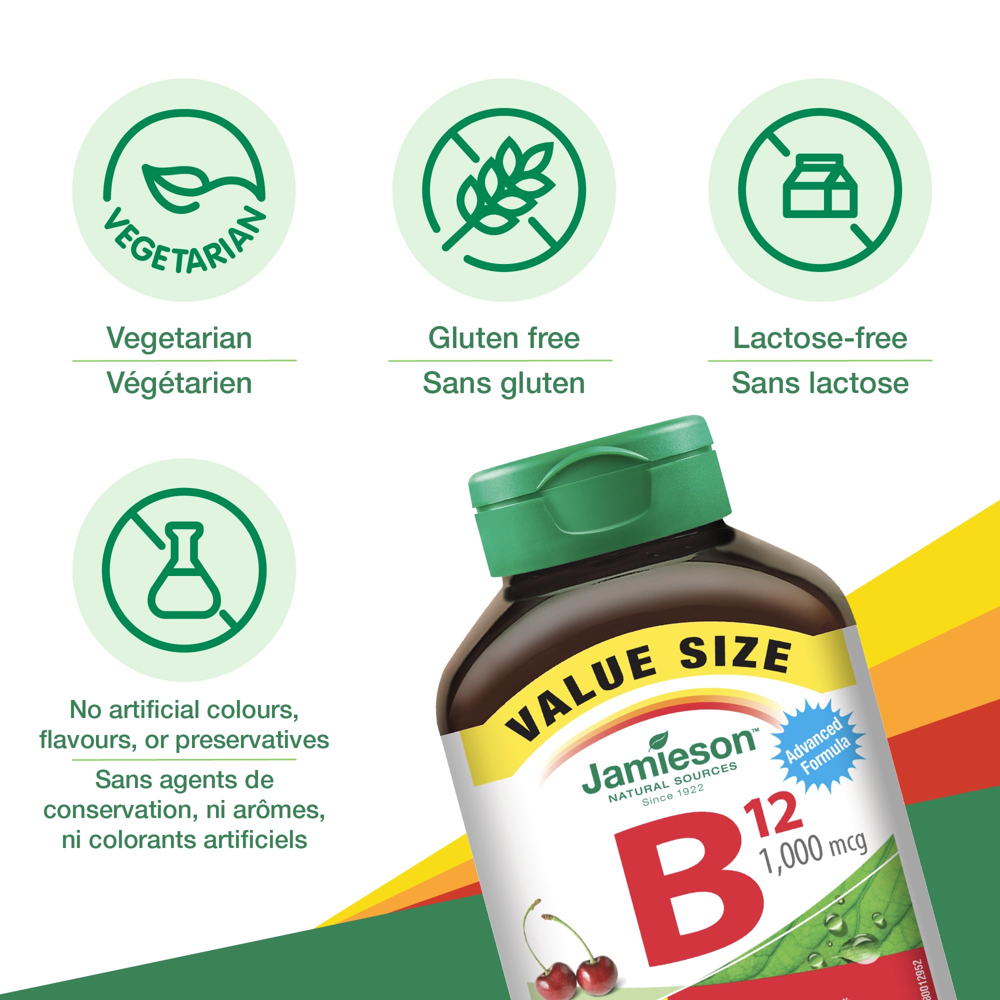 Jamieson Vitamin B12 Methylcobalamin 1,000 mcg, Fast Dissolving, Faster Acting, Naturally Energizing, and Supports Metabolism. Vegetarian, Gluten-Free, Natural Wild Cherry Flavour, 150 Sublingual Tablets, Proudly Canadian 🍁 All In One Marketplace Canada